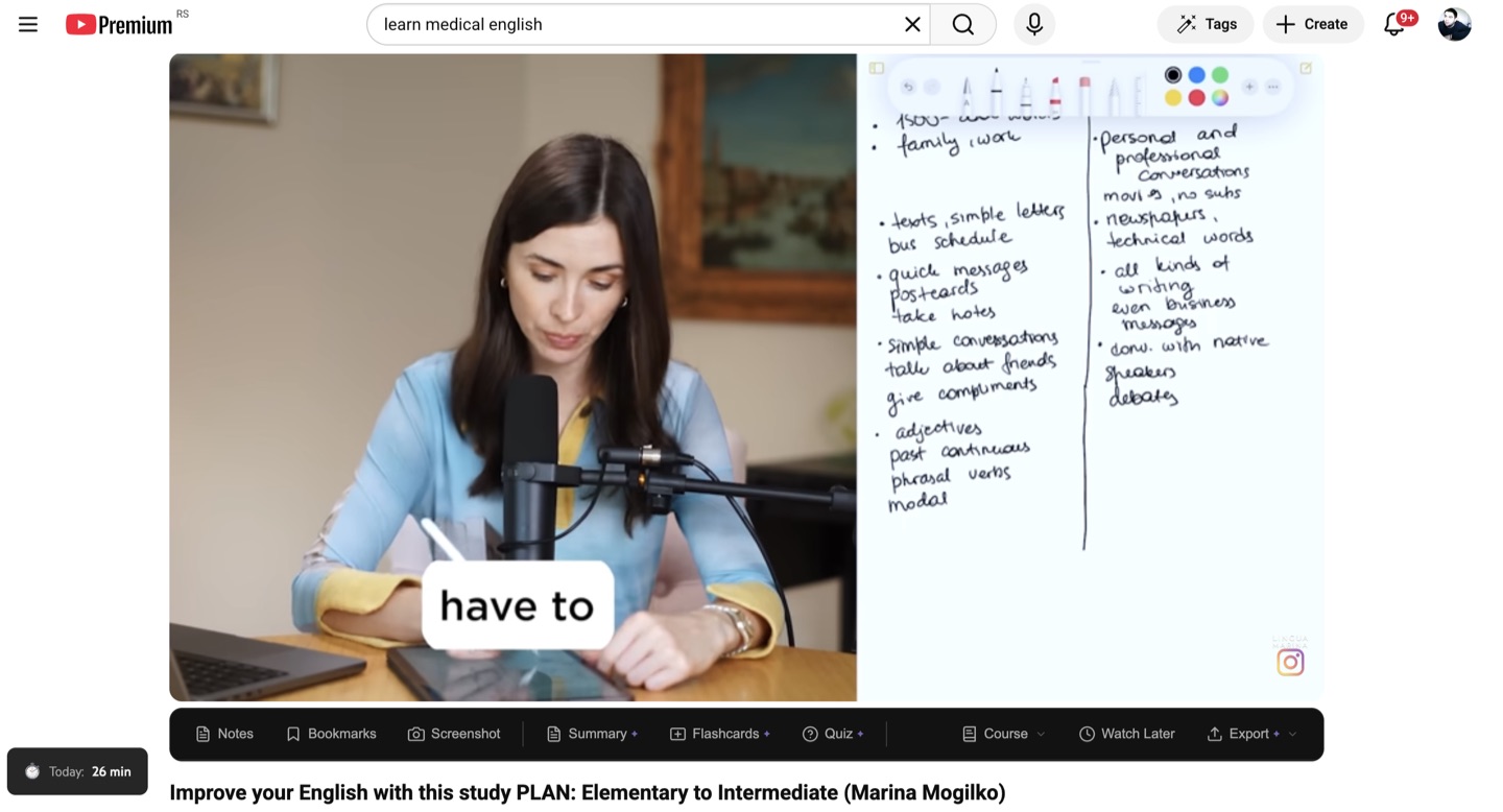 YTScholar extension in action on YouTube — editor panel with notes, bookmarks, flashcards, and more