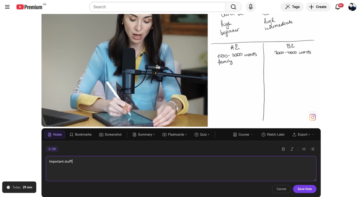 YTScholar notes editor with timestamped notes on a YouTube video