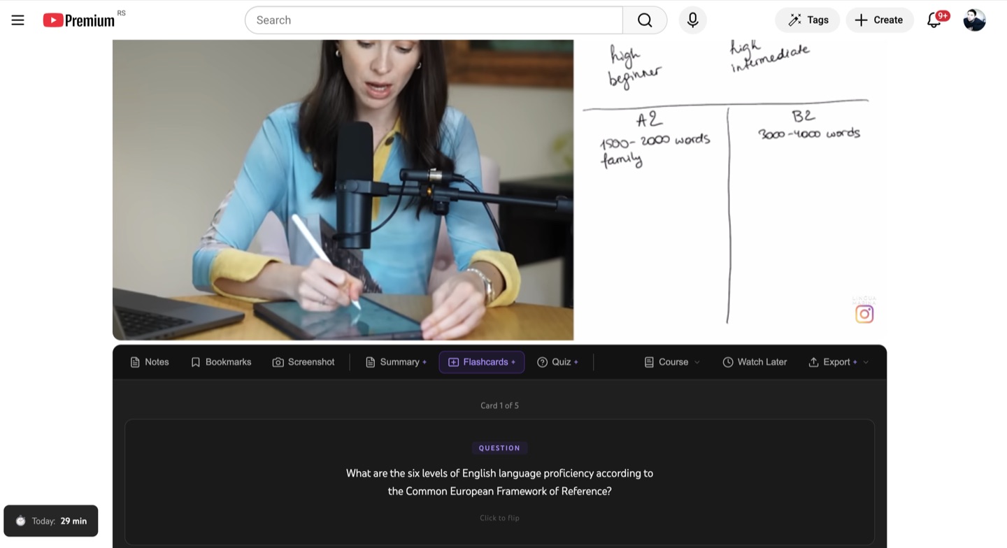 AI-generated flashcards on a YouTube video