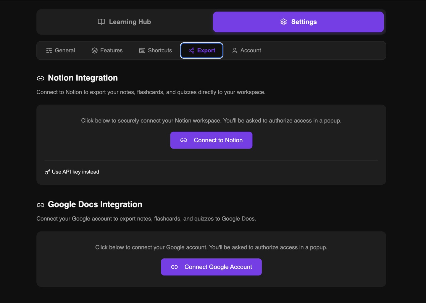 YTScholar export settings with Notion and Google Docs integration